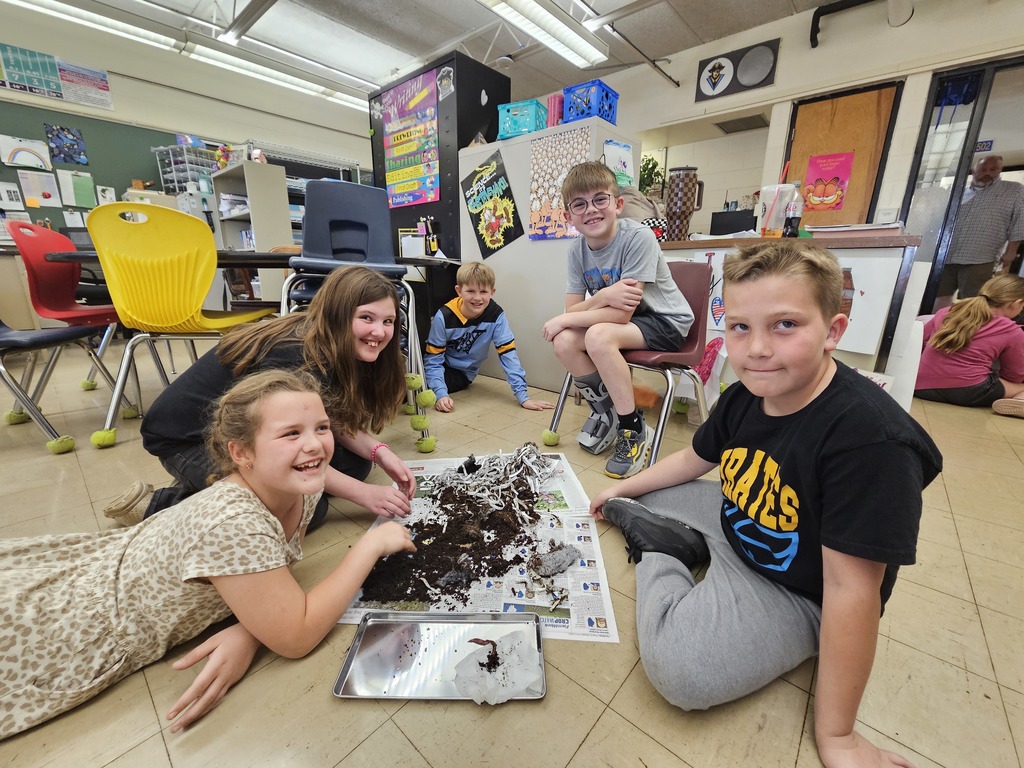 Five students are sifting though the soil to find worm cocoons.  