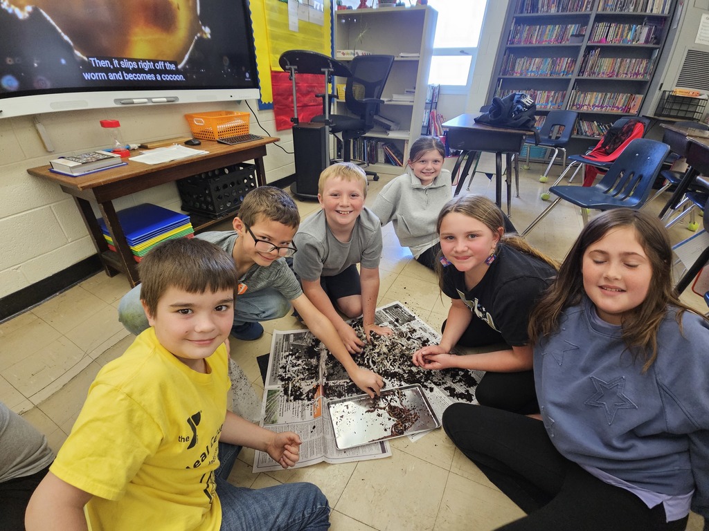 Six students are sifting though the soil to find worm cocoons.  