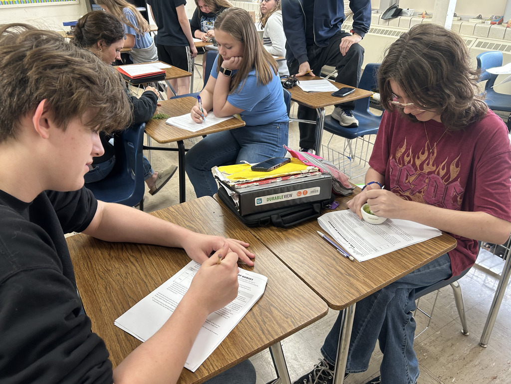 Two students are grinding green grass.