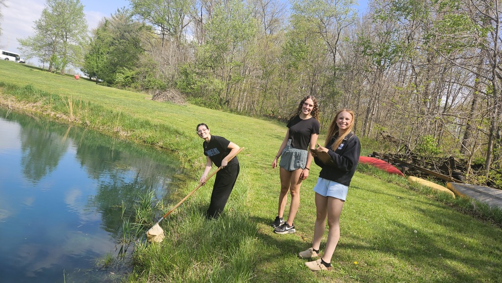 Three students are using a net to look for organisms. 