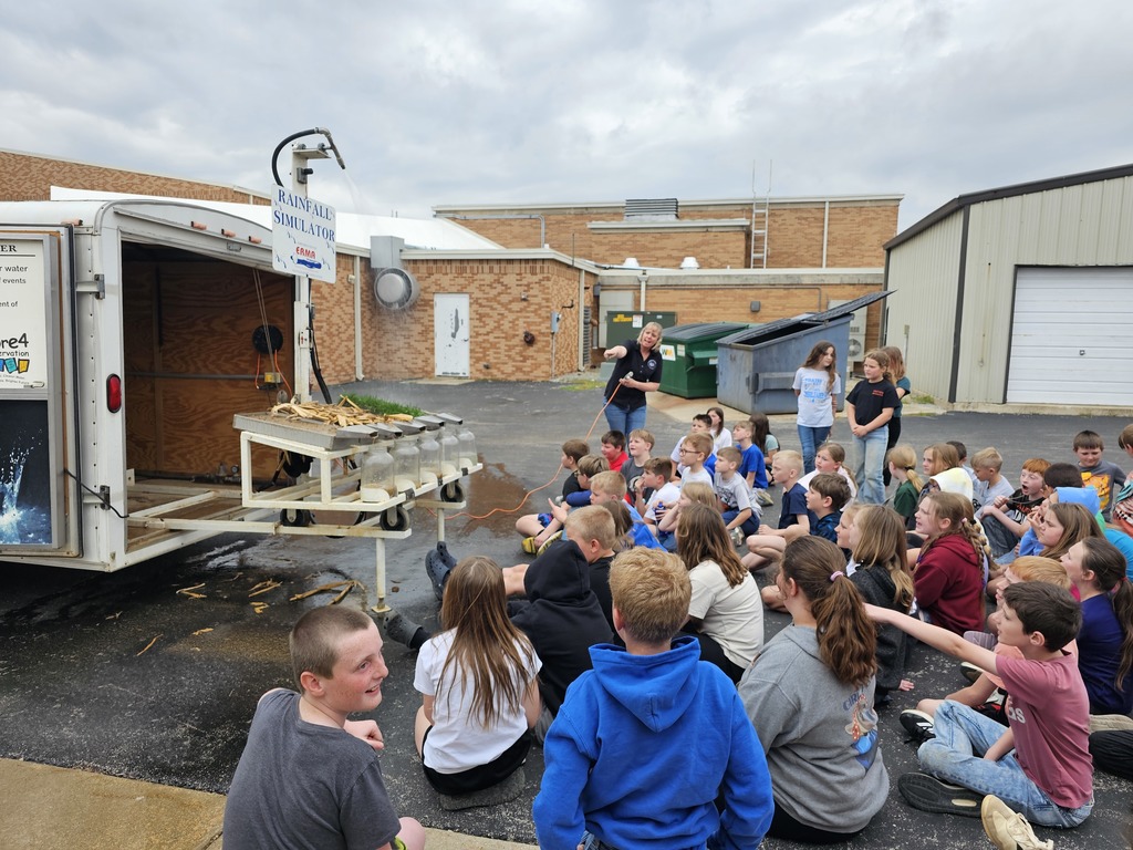 A group of students are outside sitting on the ground for a water and soil presentation. 