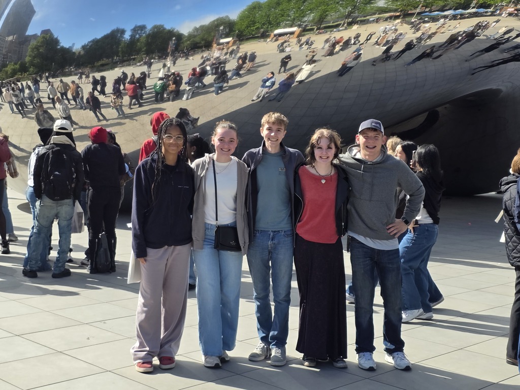 Five students are standing in front of the "Bean" in Chicago.