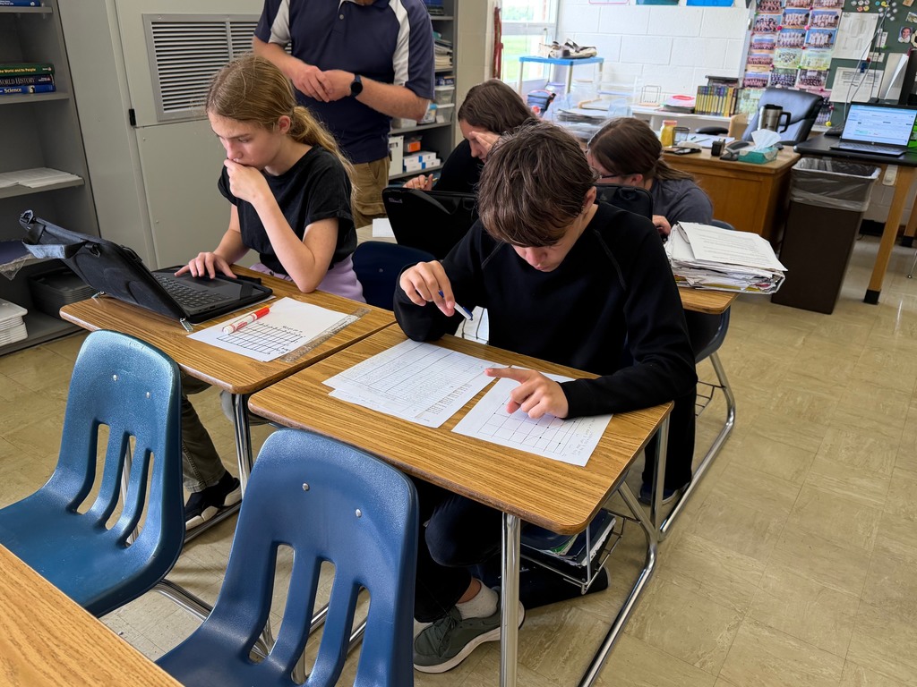 Two students are analyzing their graph on their laptop and papers for trends. 