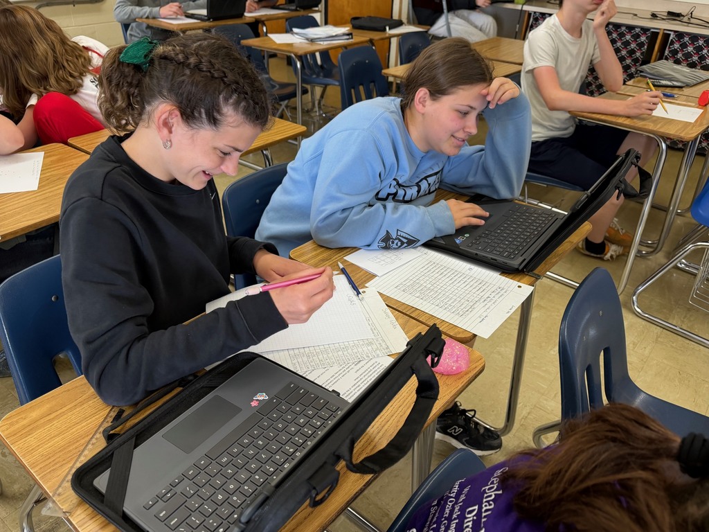 Two students are analyzing their graph on their laptop for trends. 