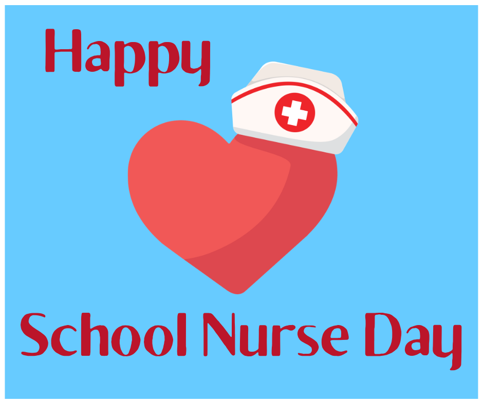 A blue background with red lettering that says Happy School Nurse Day. There is a heart with a nurse cap on the top. 