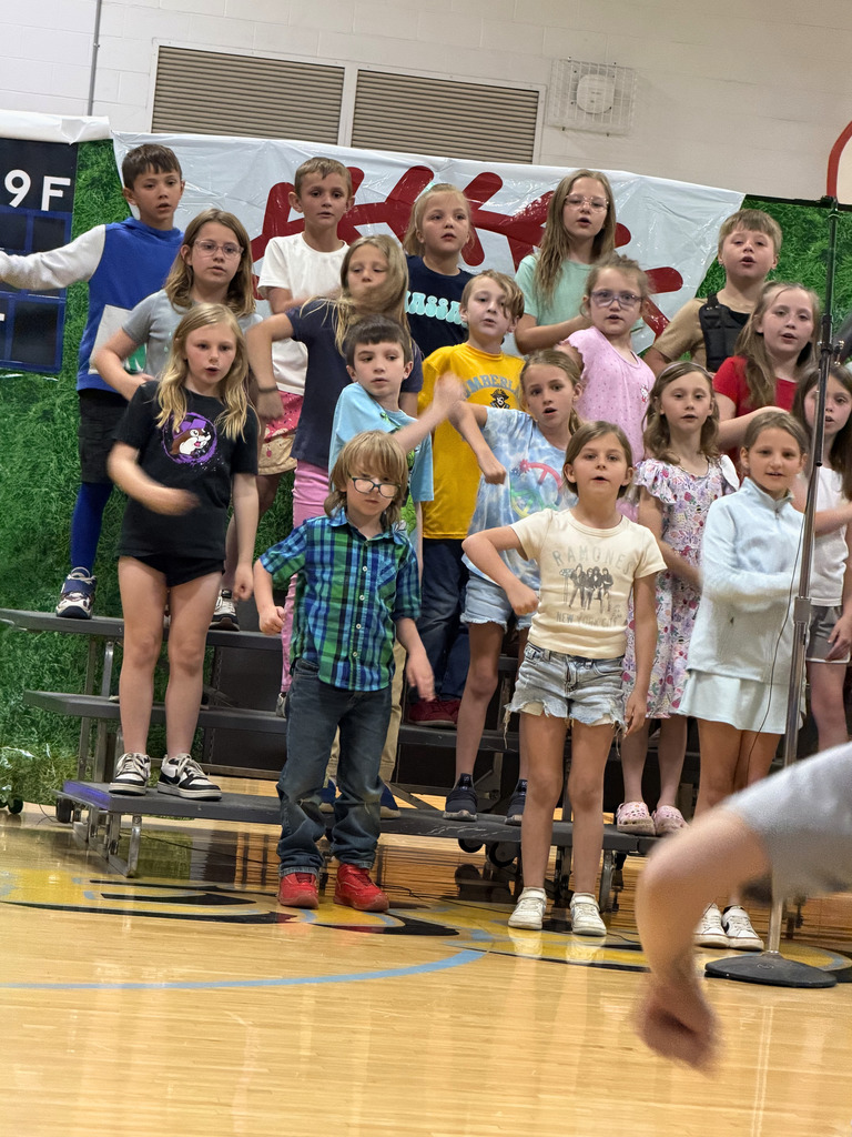 A group of students are standing on risers singing a song and pumping their arms.