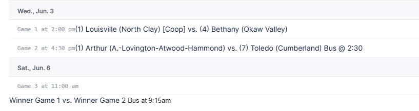 An image displaying a high school baseball tournament schedule for two separate days, Wednesday, June 3rd and Saturday, June 6th.  Wednesday, June 3rd Game 1 at 2:00 pm: (1) Louisville (North Clay) [Coop] vs. (4) Bethany (Okaw Valley)  Game 2 at 4:30 pm: (1) Arthur (A.-Lovington-Atwood-Hammond) vs. (7) Toledo (Cumberland) — Note: Bus @ 2:30  Saturday, June 6th Game 3 at 11:00 am: Winner Game 1 vs. Winner Game 2 — Note: Bus at 9:15am