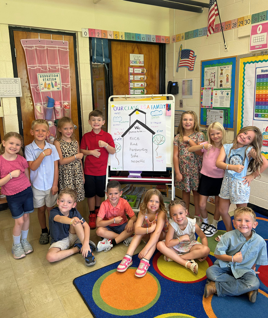 The students are standing and sitting around the easel with their class promise. THey are each holding up their wrists to show their friendship bracelets.