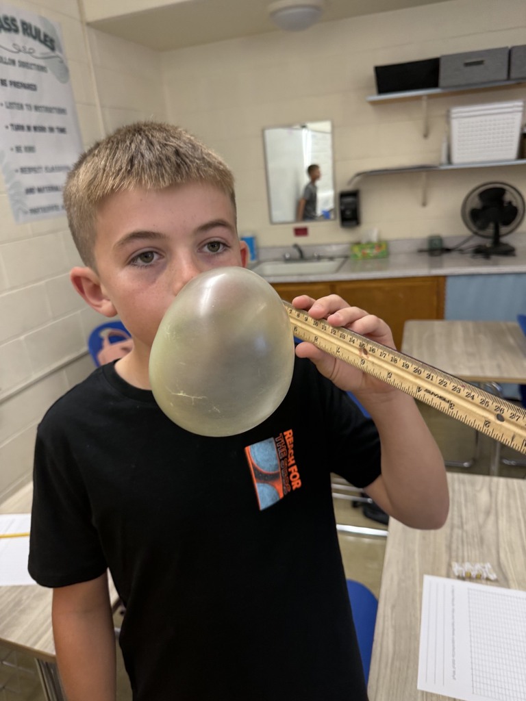A student is blowing a bubble with gum. The student has a ruler next to their face to measure the bubble. 