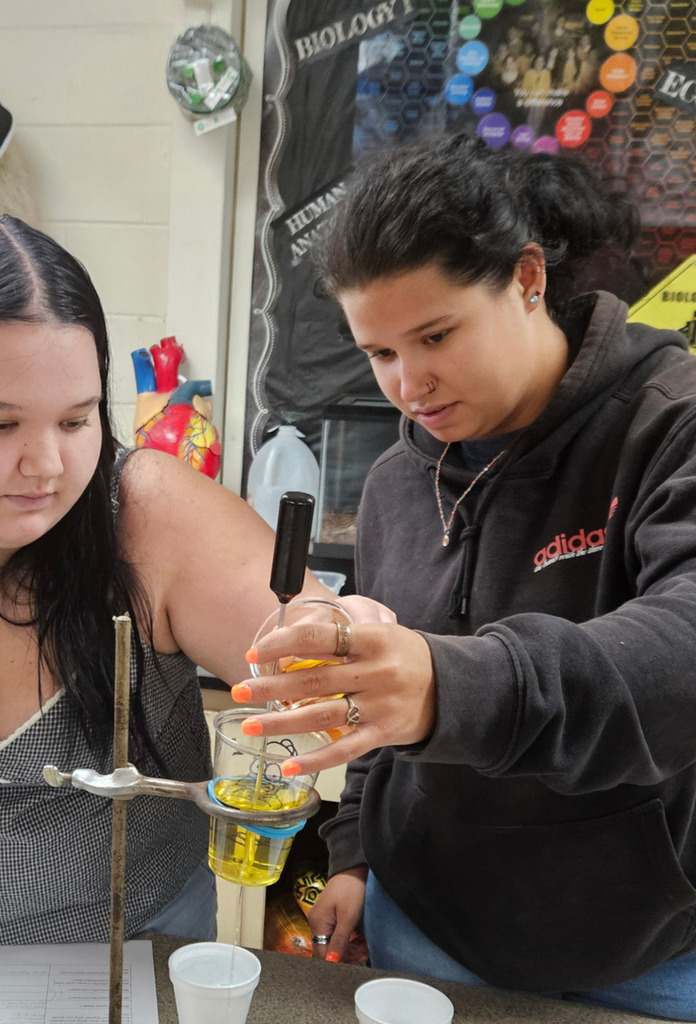 Two students are adjusting the liquid in the homeostasis activity.