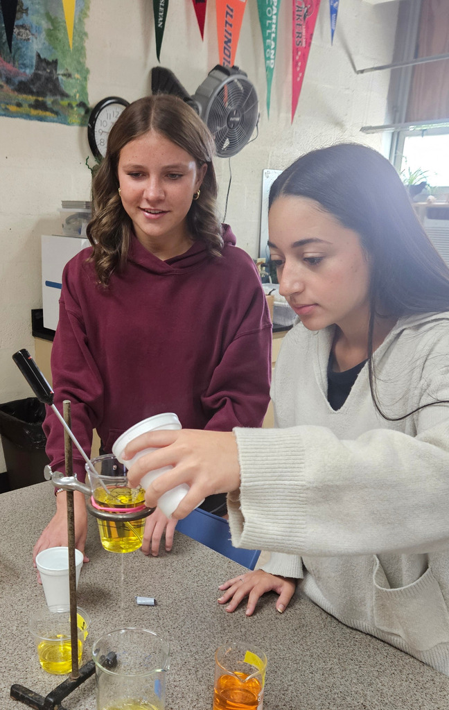 Two students are adjusting the liquid in the homeostasis activity.