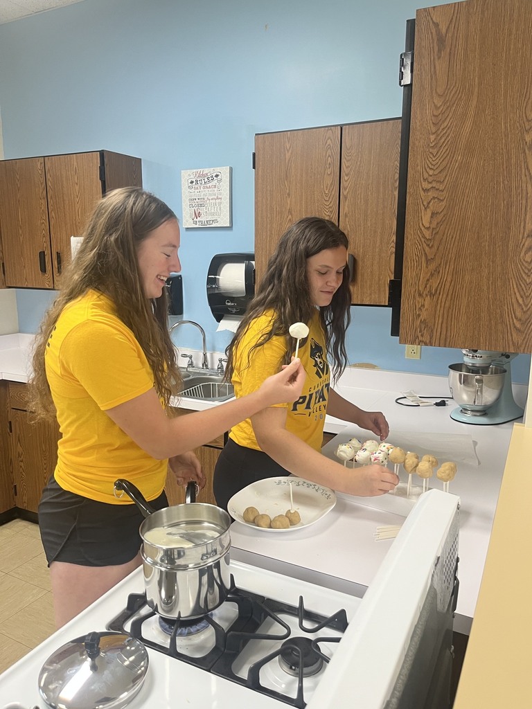 A student is holding a cake pol. Another is placing them on a styrofoam piece. 