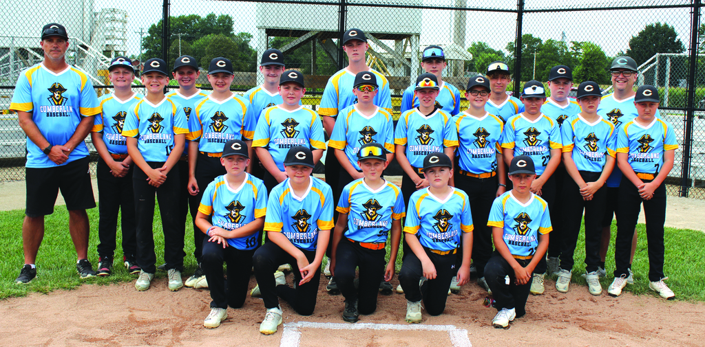 Pictured is three rows of the baseball players flanked by a coach on each side. 