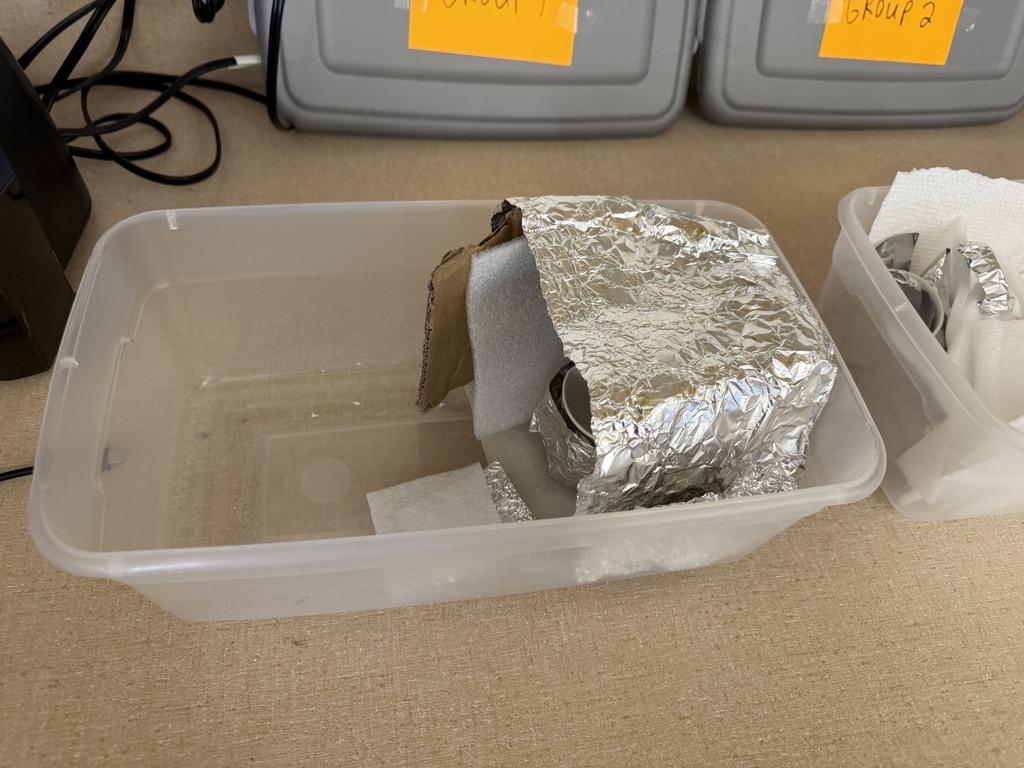 A cup is covered with aluminum foil.
