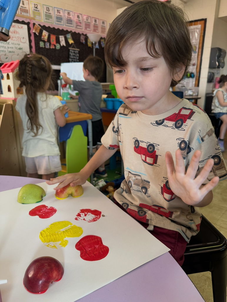 A student is stamping an apple on paper. 