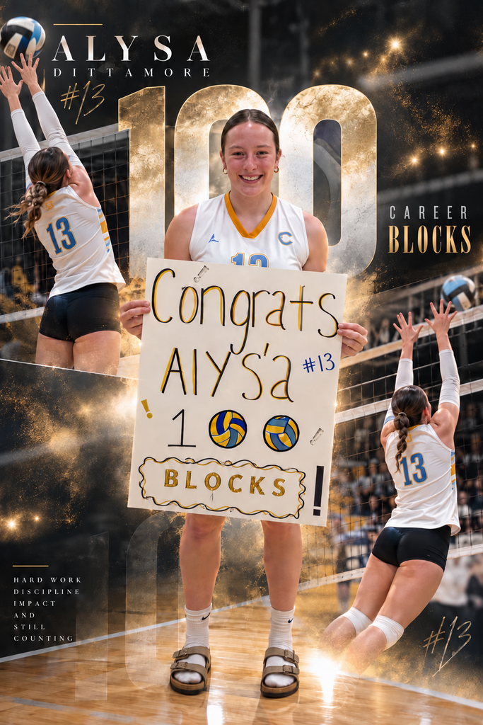 A picture of AD holding a sign that says congrats Alysa 100 blocks. Two pictures of blocking in the background. 