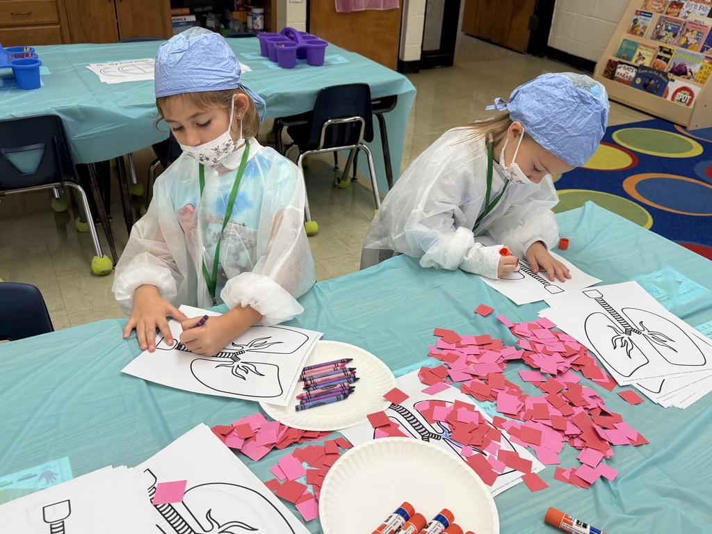 Two students are coloring and gluing parts of the lungs.
