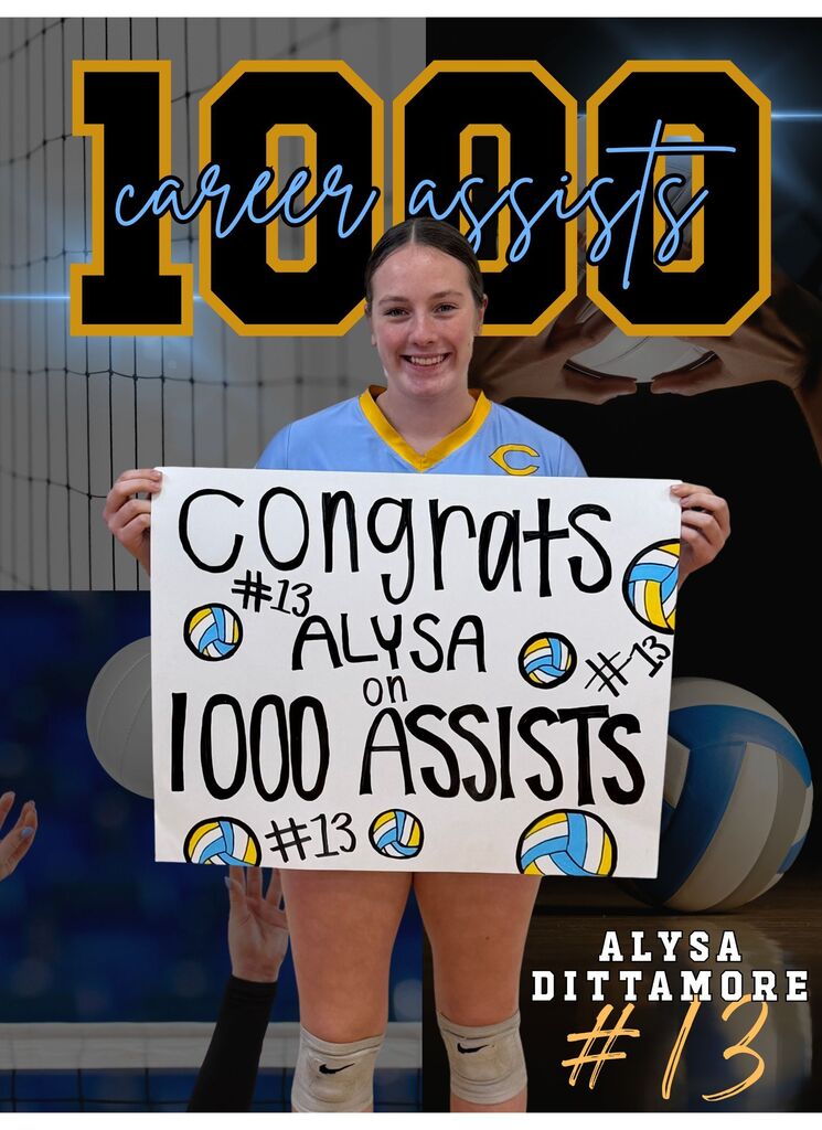 The image says 1000 career assists and Alysa Dittamore #13. It has a picture of the player holding a sign that says Cograts Alysa on 1000 assists. 