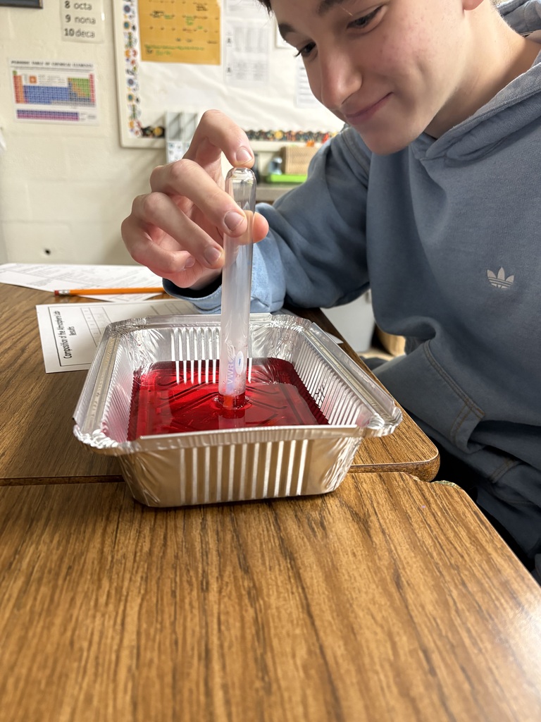 One student is holding a test tube upside down in a pan of colored water watching the water rise into the tube.