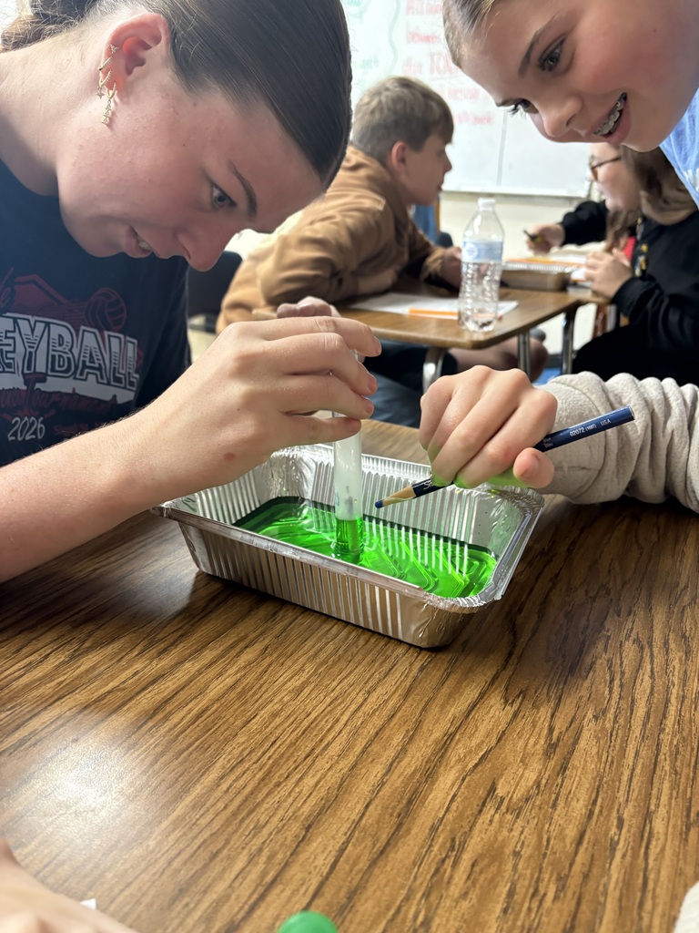 Two students are holding a test tube upside down in a pan of colored water watching the water rise into the tube.