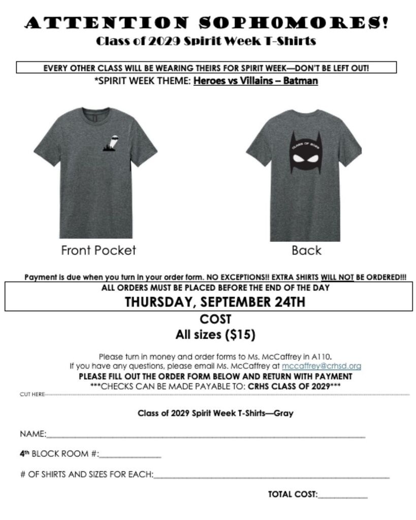 Sophomore Shirt Order Form