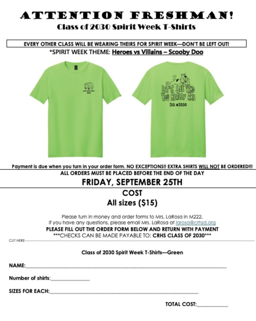 Freshman Shirt Order Form