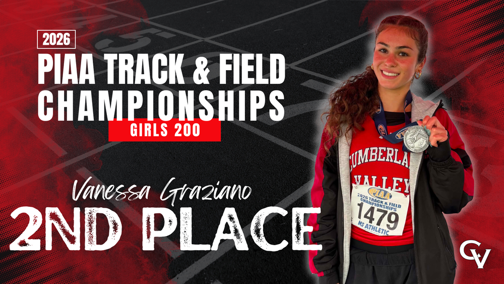 Graphic announcing 2026 PIAA Track & Field Championships, Girls 200—athlete wearing a Cumberland Valley uniform holds a medal, with text “Vanessa Graziano, 2nd Place."