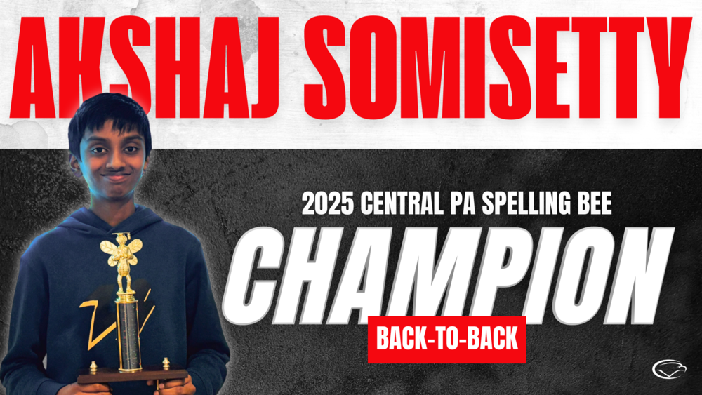 Mountain View Middle School 8th Grader, Akshaj Somisetty, is the 2025 Central PA Spelling Bee Champion.