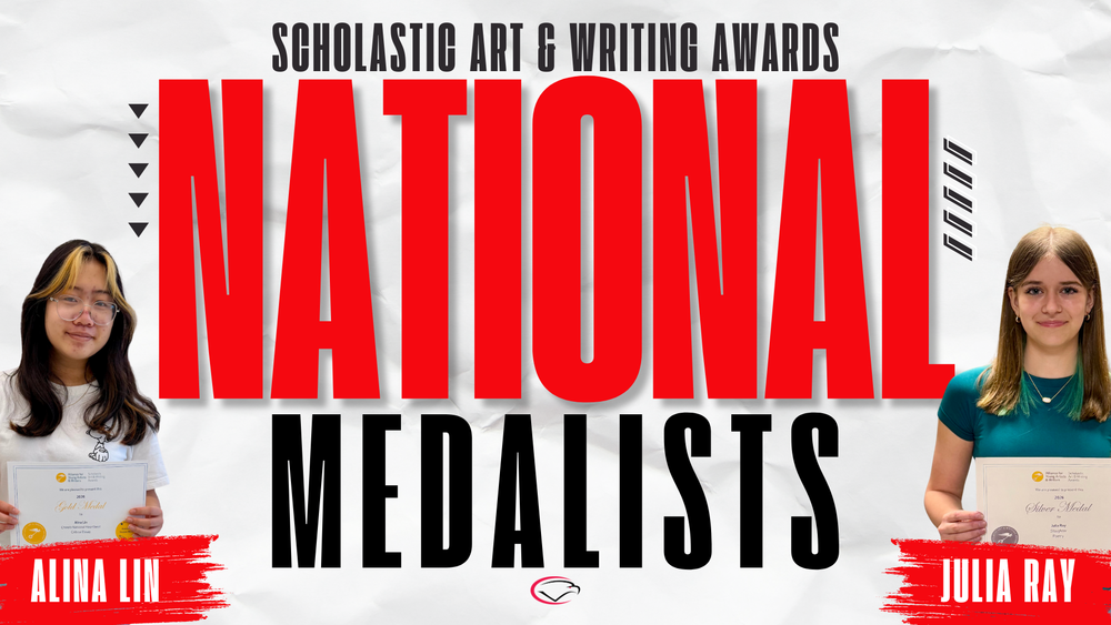 Decorative image of two students holding certificates with text that reads Scholastic Art & Writing Awards National Medalists.
