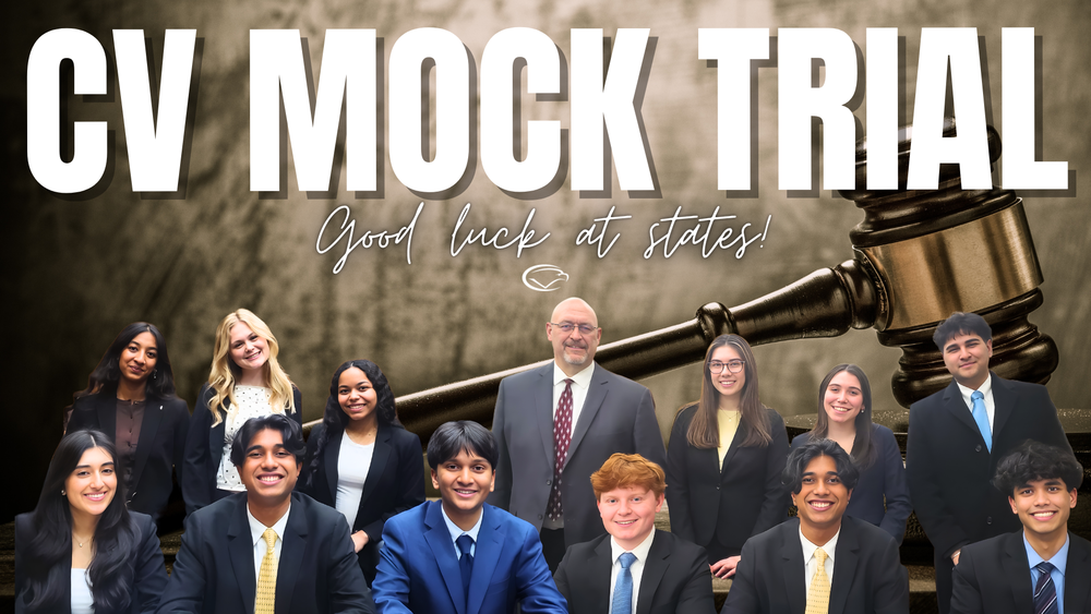 Decorative image showcasing CV Mock Trial teams group photo with text that reads "CV Mock Trial. Good luck at States!"