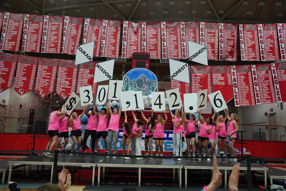 CV's Mini-THON team gathers on stage to announce the total for 2026 - $301,142.26.