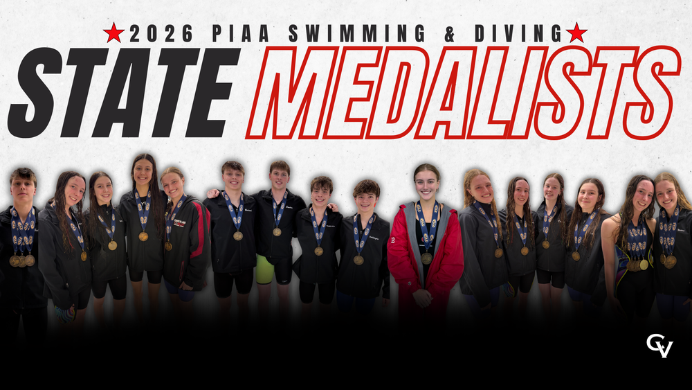 Decorative image with pictures of CV Swimmers and Divers who placed at the 2026 PIAA Swimming and Diving State Championships.