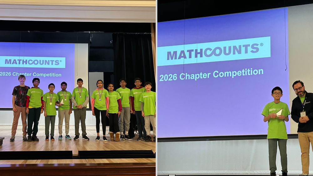 Two images of Mountain View Middle Schools Mathcounts team winning 2nd place at the Harrisburg Regional Mathcounts Competition and Matthias Lu earning 4th place.
