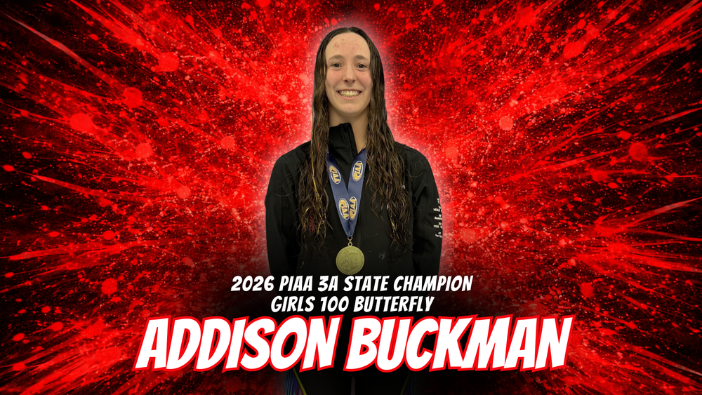 Decorative image with a red black background, image of CVHS swimmer with a gold medal around her neck and text that reads "2026 PIAA 3A State Champion. Girls 100 Butterfly. Addison Buckman."