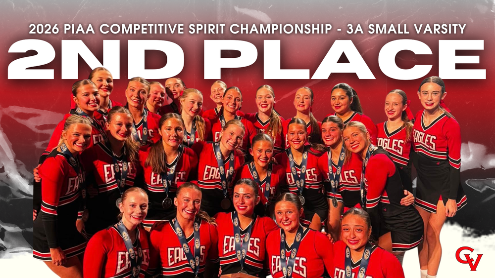 CV Varsity Cheer team poses for a picture on the floor after winning 2nd place at the 2026 Competitive Cheer State Championships.