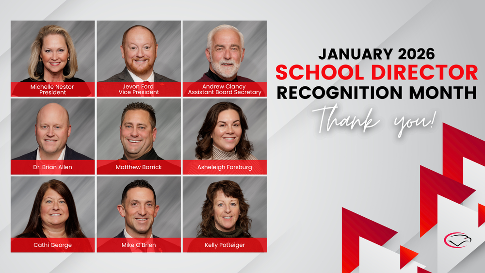 Graphic for January 2026 School Director Recognition Month featuring nine labeled headshots in a grid, with names and titles such as President, Vice President, and Assistant Board Secretary. The right side includes bold text reading 'January 2026 School Director Recognition Month' and 'Thank you!' with red geometric accents.