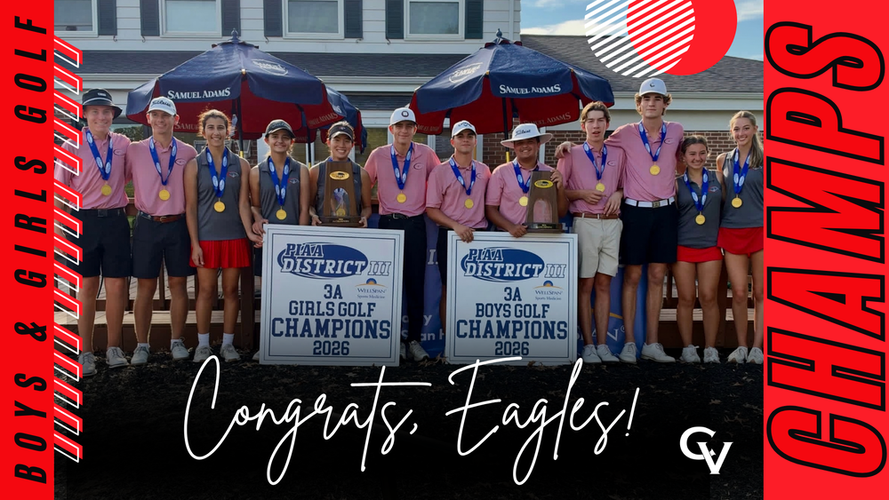 Decorative image with red, black, and white colors. Showing a group picture of CV's Boys and Girls Golf teams, holding their tropy and PIAA District III 3A Champions banners.