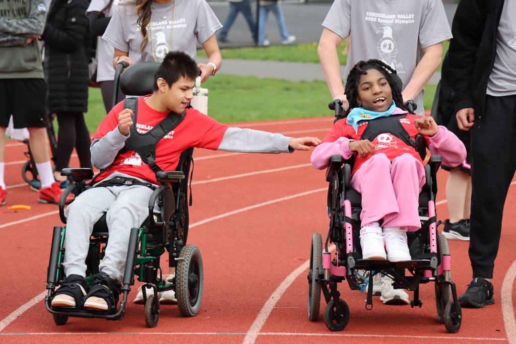 Student-athletes get ready to race each other in the wheelchair race at CV's Special Olympics.