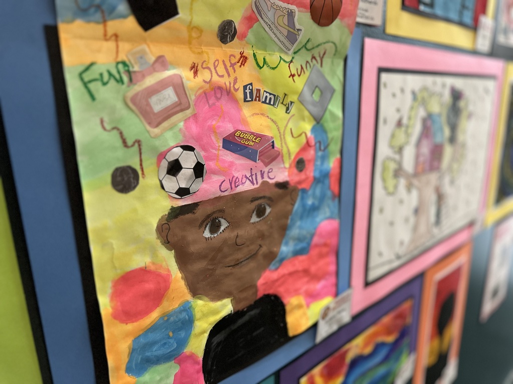 Colorful artwork of a child's face surrounded by objects and words like 'fun,' 'love,' and 'creative' on a vibrant abstract background.