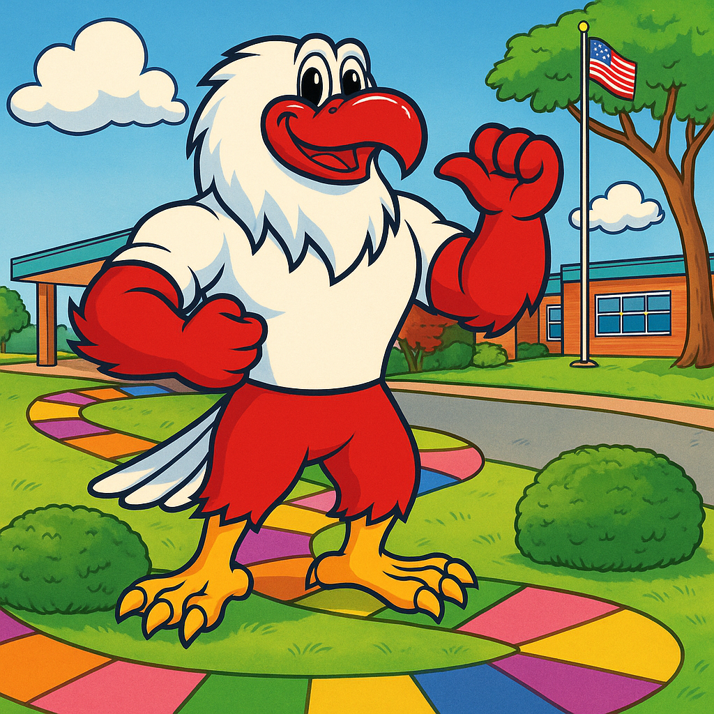 Cartoon-style illustration of a smiling eagle mascot standing confidently on a colorful, winding game board path in front of a school building. The eagle has a white head, red wings, red shorts, and yellow talons. An American flag on a flagpole and a large tree are in the background under a blue sky with fluffy clouds.