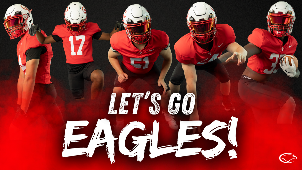 Five football players in red jerseys pose with 'LET'S GO EAGLES!' text over red smoke and a black background.