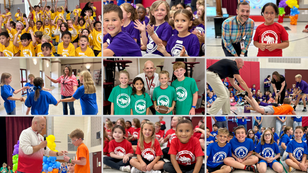 Collage of images from Sporting Hill Elementary's House Assembly showing students and staff in house-colored shirts participating in activities.