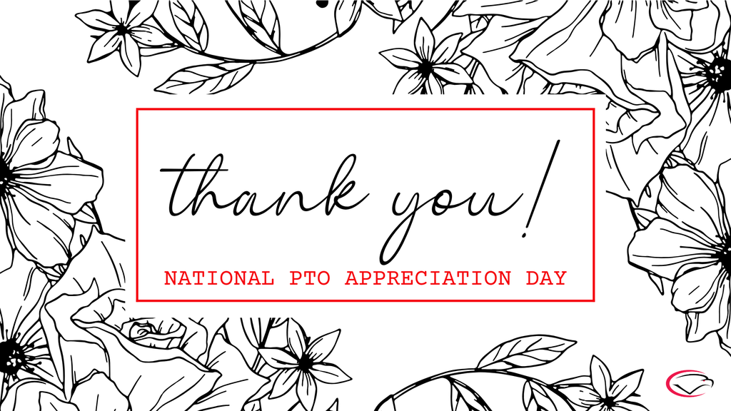 Floral-themed 'Thank you!' graphic for National PTO Appreciation Day.