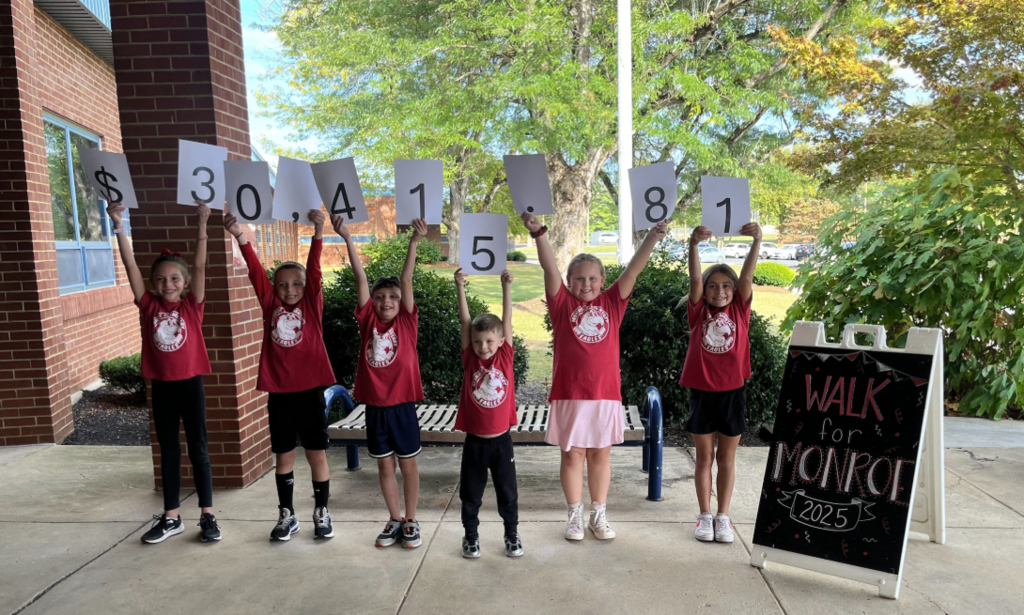 Monroe Elementary students wearing red school shirts proudly hold up signs showing the total of $30,415.81 raised during the 2025 Walk for Monroe fundraiser.
