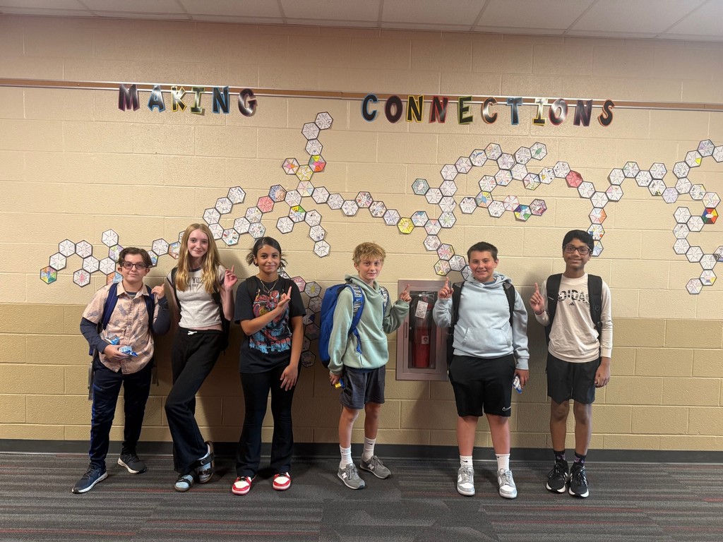 Students stanking in front of a wall with papers connecting to other papers made by stuents to show a tree of connections.