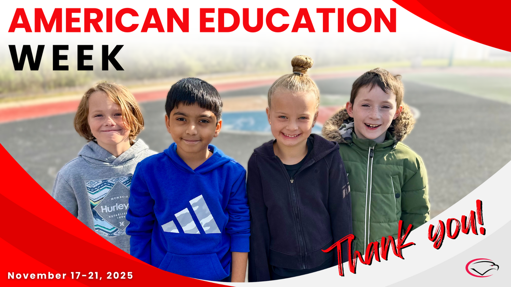 Decorative image with red, gray, and white colors with an image of four students standing on a playground, smiling big. Text is shown "American Education Week. November 17-21, 2025. Thank You." with the CV eagle logo at the bottom of the image.