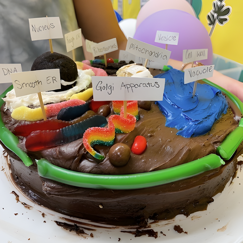 Edible cell organelle project on a decorated cake with labeled structures made by Level 2 Biology students at CVHS.