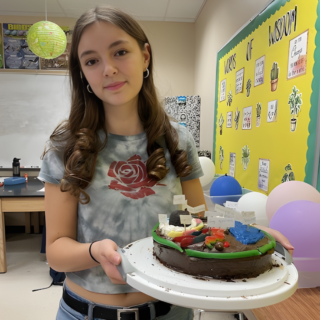 Student holding a colorful cell organelle project made from edible materials in a Level 2 Biology classroom.