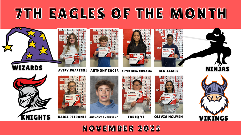 Students posing and holding a certificate for winning Eagle of the Month for November .
