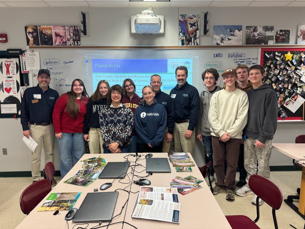 Mr. Bollinger's CVHS photography students pose with three employees from the Pennsylvania Department of Conservation and Natural Resources (DCNR) in their classroom.